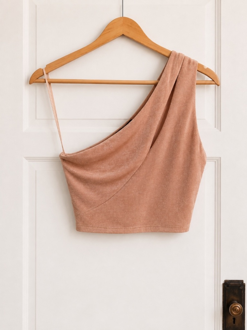 Cotton Candy LA Peach Shimmer One Shoulder Draped Crop Top M